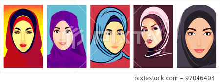 Set of vertical portraits. Young arab business woman in hijab. The face of a Muslim girl is covered with a scarf. Vector illustration. Happy International Women's Day. Portrait of Asian Muslim Woman Set of vertical portraits. Young arab business woman in hijab. The face of a Muslim girl is covered with a scarf. Vector illustration. Happy International Women's Day. Portrait of Asian Muslim Woman 97046403