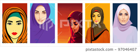 Set of vertical portraits. Young arab business woman in hijab. The face of a Muslim girl is covered with a scarf. Vector illustration. Happy International Women's Day. Portrait of Asian Muslim Woman Set of vertical portraits. Young arab business woman in hijab. The face of a Muslim girl is covered with a scarf. Vector illustration. Happy International Women's Day. Portrait of Asian Muslim Woman 97046407