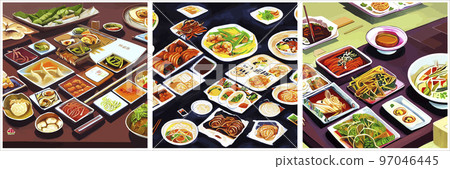 Set of Asian food engraved on the table. Noodle dishes at the top of the view. Food menu design with cooked noodles. vector illustration. Asian cuisine menu. Food from national cuisine on the table. Set of Asian food engraved on the table. Noodle dishes at the top of the view. Food menu design with cooked noodles. vector illustration. Asian cuisine menu. Food from national cuisine on the table. 97046445