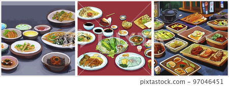 Set of Asian food engraved on the table. Noodle dishes at the top of the view. Food menu design with cooked noodles. vector illustration. Asian cuisine menu. Food from national cuisine on the table. 97046451
