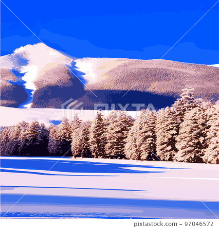 Vintage Christmas landscape wide background Illustration retro Christmas landscape background, with echoes, snowy and elegant winter and new year holidays. Winter rural landscape. Vector illustration 97046572