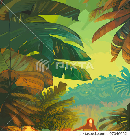 Vector vintage composition with exotic leaves. Botanical classic wallpapers, backgrounds, surface textures, textilesHawaiian seamless pattern with pineapples, tropical palm leaves Vector illustration 97046632