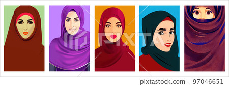 Set of vertical portraits. Young arab business woman in hijab. The face of a Muslim girl is covered with a scarf. Vector illustration. Happy International Women's Day. Portrait of Asian Muslim Woman Set of vertical portraits. Young arab business woman in hijab. The face of a Muslim girl is covered with a scarf. Vector illustration. Happy International Women's Day. Portrait of Asian Muslim Woman 97046651