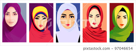 Set of vertical portraits. Young arab business woman in hijab. The face of a Muslim girl is covered with a scarf. Vector illustration. Happy International Women's Day. Portrait of Asian Muslim Woman Set of vertical portraits. Young arab business woman in hijab. The face of a Muslim girl is covered with a scarf. Vector illustration. Happy International Women's Day. Portrait of Asian Muslim Woman 97046654