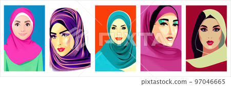 Set of vertical portraits. Young arab business woman in hijab. The face of a Muslim girl is covered with a scarf. Vector illustration. Happy International Women's Day. Portrait of Asian Muslim Woman 97046665