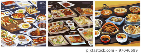 Set of Asian food engraved on the table. Noodle dishes at the top of the view. Food menu design with cooked noodles. vector illustration. Asian cuisine menu. Food from national cuisine on the table. 97046689