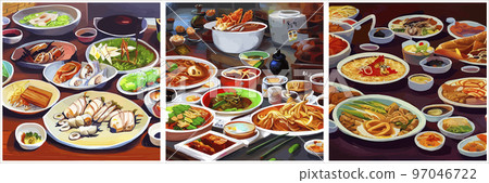 Set of Asian food engraved on the table. Noodle dishes at the top of the view. Food menu design with cooked noodles. vector illustration. Asian cuisine menu. Food from national cuisine on the table. 97046722