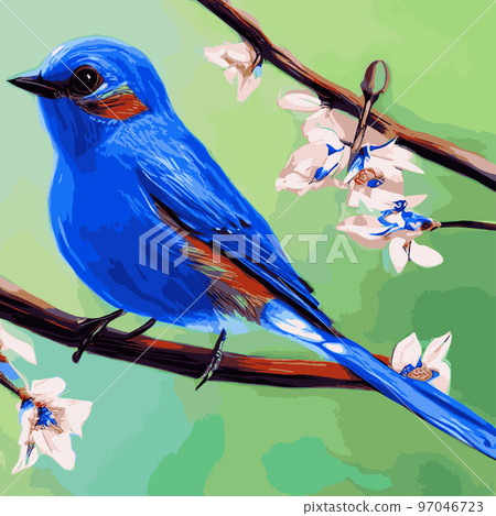 Bird sits branch cherry blossoms. Nightingale branches with leaves. Beautiful vector illustration with birds, Japanese flowers, tree, spring wallpaper, branches. Ideal for wallpapers, surface textures Bird sits branch cherry blossoms. Nightingale branches with leaves. Beautiful vector illustration with birds, Japanese flowers, tree, spring wallpaper, branches. Ideal for wallpapers, surface textures 97046723