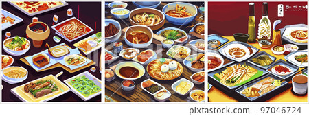 Set of Asian food engraved on the table. Noodle dishes at the top of the view. Food menu design with cooked noodles. vector illustration. Asian cuisine menu. Food from national cuisine on the table. 97046724