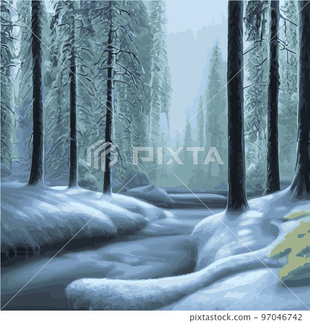 Winter landscape forest. Winter nature forest with spruces, pines bushes. Snowy areas branches covered with snow. Winter landscapes with vector illustration. Merry Christmas Happy New Year forest 97046742