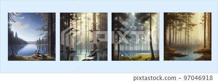 set of posters. mountains lake northern landscape flat vector illustration. Natural landscape with spruce trees hill silhouettes on the horizon. Valley, river. Summer green background. Travel poster set of posters. mountains lake northern landscape flat vector illustration. Natural landscape with spruce trees hill silhouettes on the horizon. Valley, river. Summer green background. Travel poster 97046918