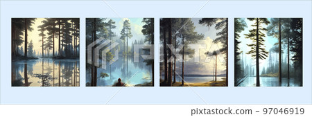set of posters. mountains lake northern landscape flat vector illustration. Natural landscape with spruce trees hill silhouettes on the horizon. Valley, river. Summer green background. Travel poster set of posters. mountains lake northern landscape flat vector illustration. Natural landscape with spruce trees hill silhouettes on the horizon. Valley, river. Summer green background. Travel poster 97046919