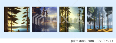 set of posters. mountains lake northern landscape flat vector illustration. Natural landscape with spruce trees hill silhouettes on the horizon. Valley, river. Summer green background. Travel poster set of posters. mountains lake northern landscape flat vector illustration. Natural landscape with spruce trees hill silhouettes on the horizon. Valley, river. Summer green background. Travel poster 97046943
