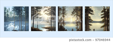 set of posters. mountains lake northern landscape flat vector illustration. Natural landscape with spruce trees hill silhouettes on the horizon. Valley, river. Summer green background. Travel poster set of posters. mountains lake northern landscape flat vector illustration. Natural landscape with spruce trees hill silhouettes on the horizon. Valley, river. Summer green background. Travel poster 97046944