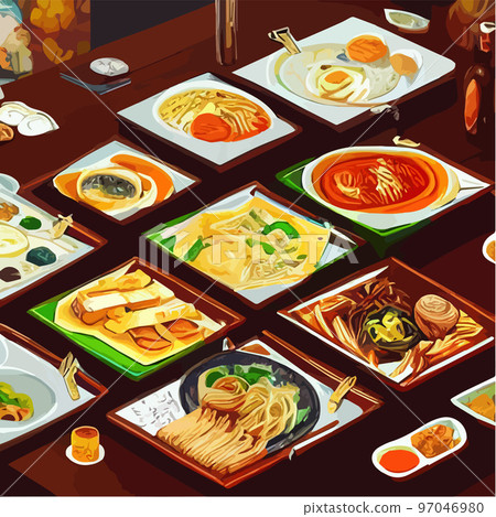 Asian food engraved on the table. Noodle dishes at the top of the view. Food menu design with cooked noodles. vector illustration. Asian cuisine menu. Food from national cuisine on the table. 97046980