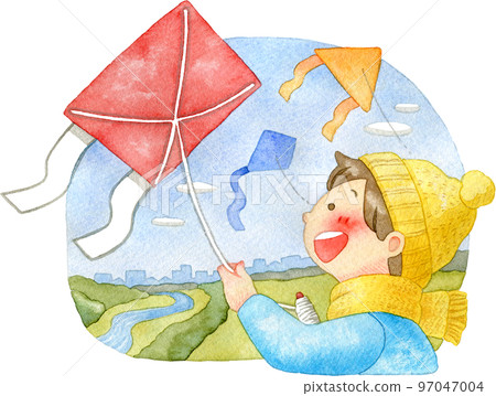 Illustration of a child flying a kite on a riverbed (with background) Illustration of a child flying a kite on a riverbed (with background) 97047004