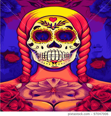 Traditional vetor illustration Day of Dead holiday, Mexican with sugar skulls tribute deceased. with floral ornament flower garland. design fabrics, textiles, paper, wallpapers Retro. Vintage style. Traditional vetor illustration Day of Dead holiday, Mexican with sugar skulls tribute deceased. with floral ornament flower garland. design fabrics, textiles, paper, wallpapers Retro. Vintage style. 97047006