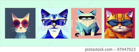 Set of square posters. Hand drawn portrait of a cat in a geometric polygon with sunglasses. Vector isolated elements. Cat with glasses. Print design, kids t-shirt print Set of square posters. Hand drawn portrait of a cat in a geometric polygon with sunglasses. Vector isolated elements. Cat with glasses. Print design, kids t-shirt print 97047023