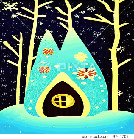 Beautiful Christmas fairy tale with decorated houses big Christmas tree. Amazing winter holiday card. Vector illustration . Fairy house in winter among Christmas trees and snow. cartoon illustration Beautiful Christmas fairy tale with decorated houses big Christmas tree. Amazing winter holiday card. Vector illustration . Fairy house in winter among Christmas trees and snow. cartoon illustration 97047033