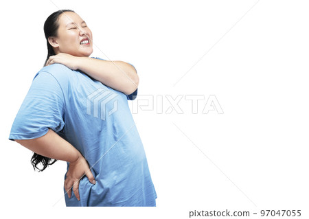 Asian fat overweight woman feeling back pain Asian fat overweight woman feeling back pain 97047055