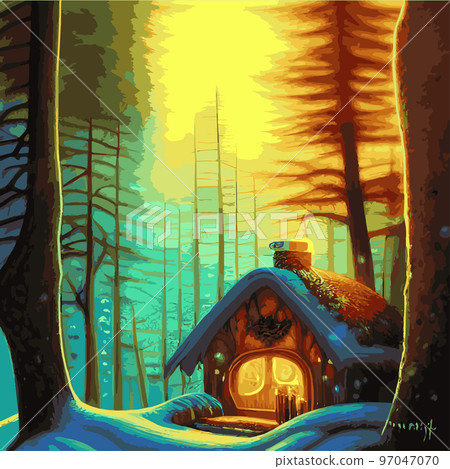 Beautiful Christmas fairy tale with decorated houses big Christmas tree. Amazing winter holiday card. Vector illustration . Fairy house in winter among Christmas trees and snow. cartoon illustration Beautiful Christmas fairy tale with decorated houses big Christmas tree. Amazing winter holiday card. Vector illustration . Fairy house in winter among Christmas trees and snow. cartoon illustration 97047070