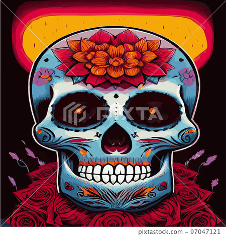 Traditional vetor illustration Day of Dead holiday, Mexican with sugar skulls tribute deceased. with floral ornament flower garland. design fabrics, textiles, paper, wallpapers Retro. Vintage style. Traditional vetor illustration Day of Dead holiday, Mexican with sugar skulls tribute deceased. with floral ornament flower garland. design fabrics, textiles, paper, wallpapers Retro. Vintage style. 97047121