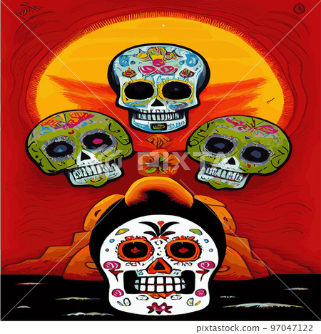 Traditional vetor illustration Day of Dead holiday, Mexican with sugar skulls tribute deceased. with floral ornament flower garland. design fabrics, textiles, paper, wallpapers Retro. Vintage style. Traditional vetor illustration Day of Dead holiday, Mexican with sugar skulls tribute deceased. with floral ornament flower garland. design fabrics, textiles, paper, wallpapers Retro. Vintage style. 97047122