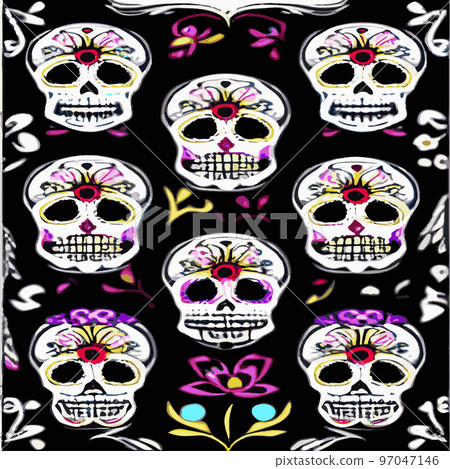 Traditional vetor illustration Day of Dead holiday, Mexican with sugar skulls tribute deceased. with floral ornament flower garland. design fabrics, textiles, paper, wallpapers Retro. Vintage style. 97047146