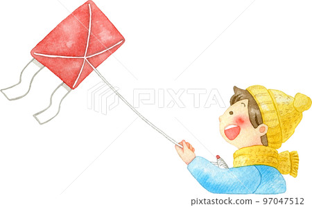 [New Year's] Watercolor illustration of a child flying a kite 97047512