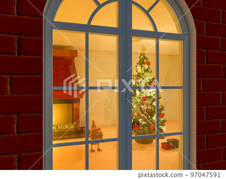 The warm light of the fireplace and the Christmas tree peeking through the window from outside The warm light of the fireplace and the Christmas tree peeking through the window from outside 97047591