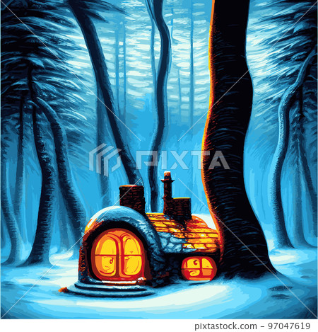 Beautiful Christmas fairy tale with decorated houses big Christmas tree. Amazing winter holiday card. Vector illustration . Fairy house in winter among Christmas trees and snow. cartoon illustration Beautiful Christmas fairy tale with decorated houses big Christmas tree. Amazing winter holiday card. Vector illustration . Fairy house in winter among Christmas trees and snow. cartoon illustration 97047619