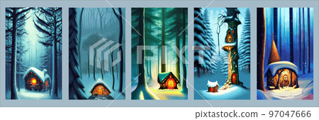 set Beautiful Christmas New Year vertical posters with decorated houses large Christmas tree. Amazing winter holiday card. Fairytale Christmas house forest with gifts. hut forest, lonely set Beautiful Christmas New Year vertical posters with decorated houses large Christmas tree. Amazing winter holiday card. Fairytale Christmas house forest with gifts. hut forest, lonely 97047666