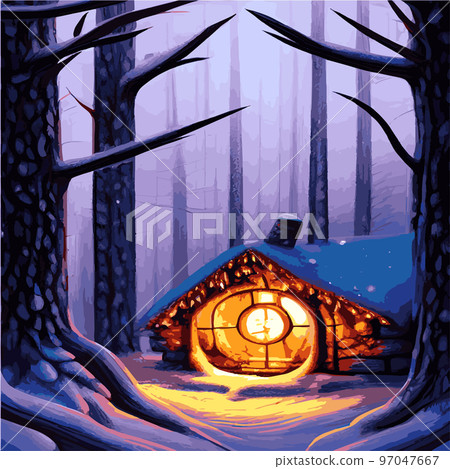 Beautiful Christmas fairy tale with decorated houses big Christmas tree. Amazing winter holiday card. Vector illustration . Fairy house in winter among Christmas trees and snow. cartoon illustration 97047667