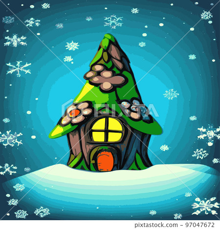 Beautiful Christmas fairy tale with decorated houses big Christmas tree. Amazing winter holiday card. Vector illustration . Fairy house in winter among Christmas trees and snow. cartoon illustration 97047672