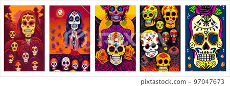 set vertical posters Day Dead. Traditional vetor illustration holiday Mexican region, with sugar skulls tribute deceased. with floral ornament flower garland. design fabrics, textiles, paper 97047673