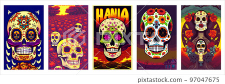 set vertical posters Day Dead. Traditional vetor illustration holiday Mexican region, with sugar skulls tribute deceased. with floral ornament flower garland. design fabrics, textiles, paper set vertical posters Day Dead. Traditional vetor illustration holiday Mexican region, with sugar skulls tribute deceased. with floral ornament flower garland. design fabrics, textiles, paper 97047675