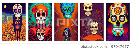 set vertical posters Day Dead. Traditional vetor illustration holiday Mexican region, with sugar skulls tribute deceased. with floral ornament flower garland. design fabrics, textiles, paper set vertical posters Day Dead. Traditional vetor illustration holiday Mexican region, with sugar skulls tribute deceased. with floral ornament flower garland. design fabrics, textiles, paper 97047677