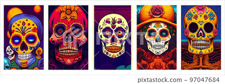 set vertical posters Day Dead. Traditional vetor illustration holiday Mexican region, with sugar skulls tribute deceased. with floral ornament flower garland. design fabrics, textiles, paper 97047684