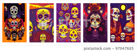 set vertical posters Day Dead. Traditional vetor illustration holiday Mexican region, with sugar skulls tribute deceased. with floral ornament flower garland. design fabrics, textiles, paper 97047685