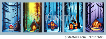 set Beautiful Christmas New Year vertical posters with decorated houses large Christmas tree. Amazing winter holiday card. Fairytale Christmas house forest with gifts. hut forest, lonely 97047688