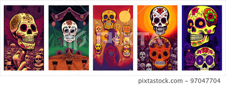 set vertical posters Day Dead. Traditional vetor illustration holiday Mexican region, with sugar skulls tribute deceased. with floral ornament flower garland. design fabrics, textiles, paper 97047704