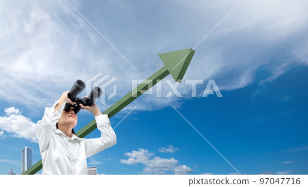Asian businesswomen with binoculars looking at increasing arrows 97047716