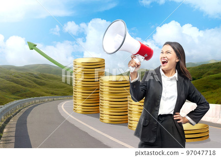Asian businesswoman talking in megaphone with increasing coin graph arrow 97047718