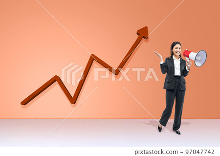 Asian businesswoman talking in megaphone with an increasing arrow 97047742