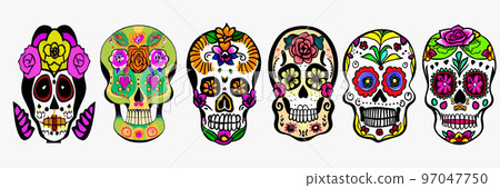 set of Vintage vector illustrations skull with flowers on white background banner. Skull with succulent plants. concept for the holiday of the Day of Remembrance of the Dead. Fashion designer print set of Vintage vector illustrations skull with flowers on white background banner. Skull with succulent plants. concept for the holiday of the Day of Remembrance of the Dead. Fashion designer print 97047750