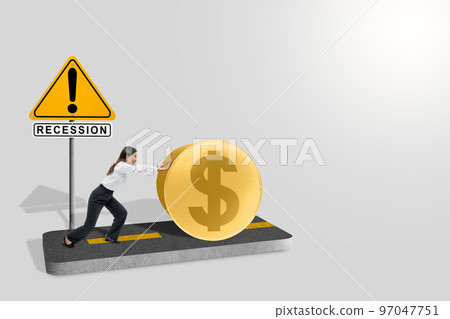 Asian businesswoman pushing coin away from recession sign Asian businesswoman pushing coin away from recession sign 97047751