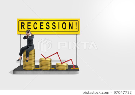 Asian businesswoman sitting on decreasing coin graph with recession sign 97047752