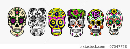 set of Vintage vector illustrations skull with flowers on white background banner. Skull with succulent plants. concept for the holiday of the Day of Remembrance of the Dead. Fashion designer print 97047758