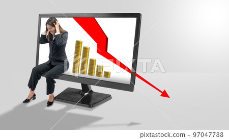 Asian businesswoman with on decreasing coin graph and a frustrated expression 97047788