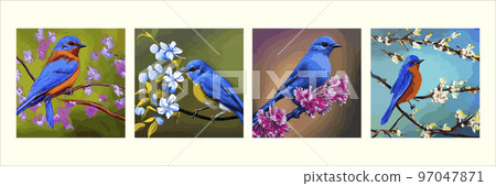 set square posters. Vintage bird sits branch flowering tree spring season. Nightingale branches with leaves. Beautiful vector illustration with hand drawn birds, Japanese flowers, spring wallpapers 97047871